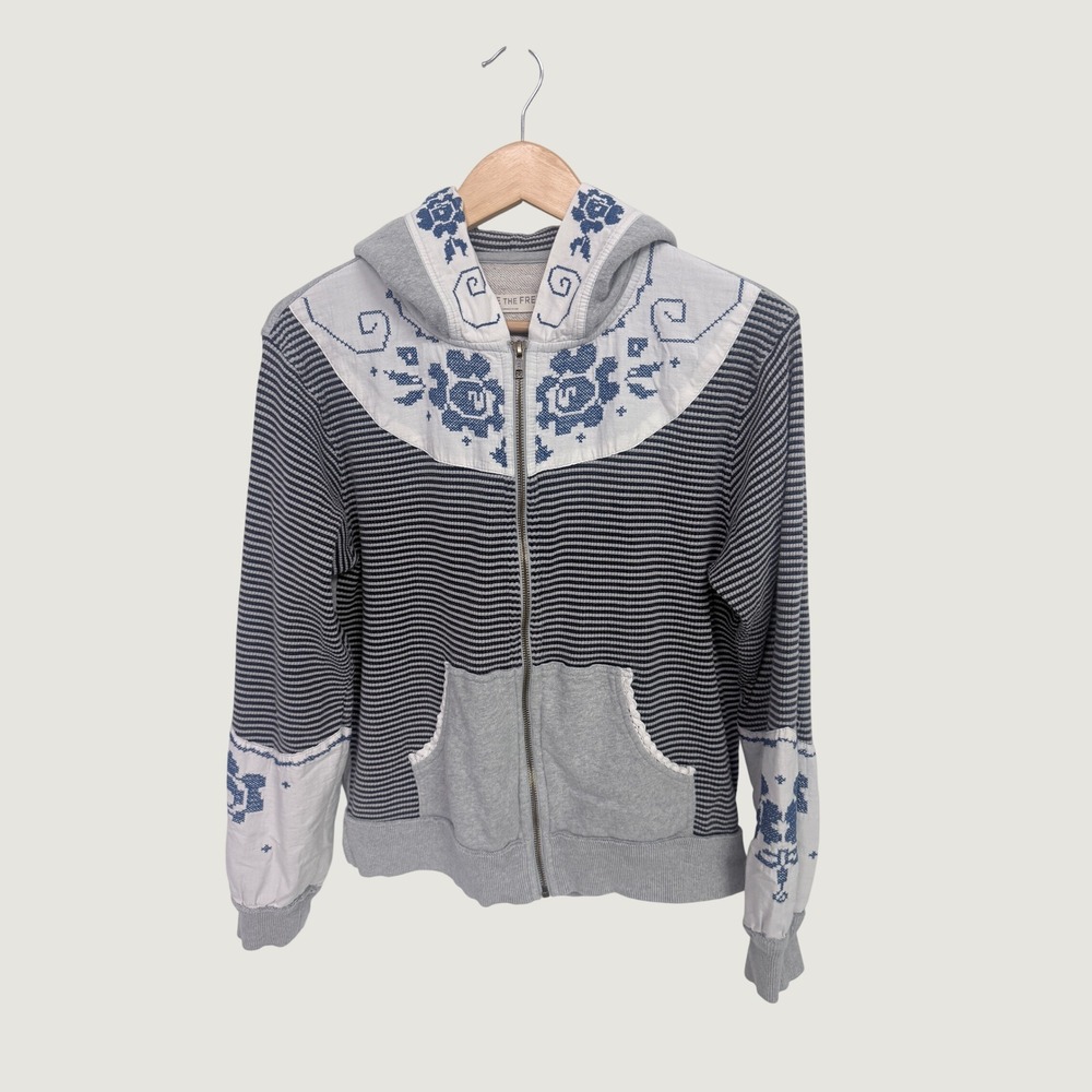 We The Free People Embroidered Striped Zip Up Hoodie Grey Blue Boho Medium